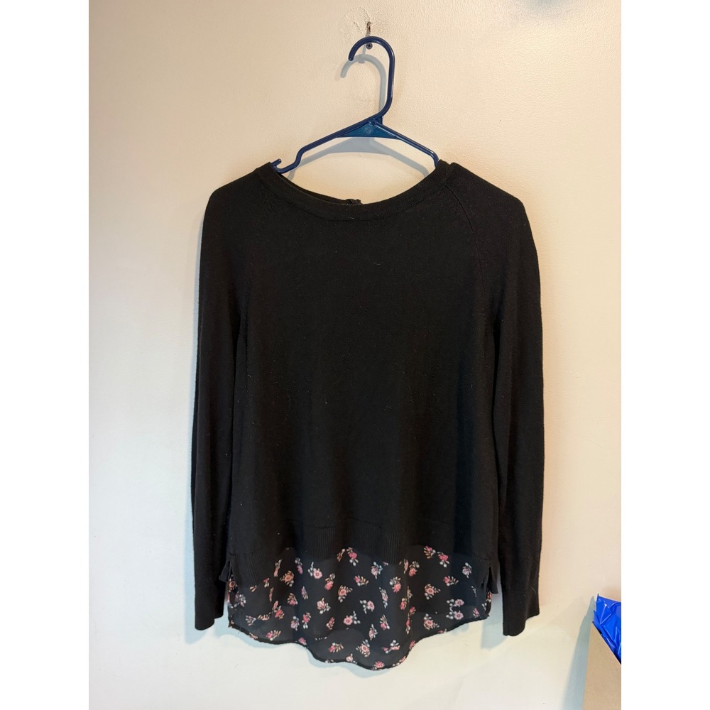 LOFT Womens Black Floral Layered Hem Tie Back Keyhole Sweater Medium 520204